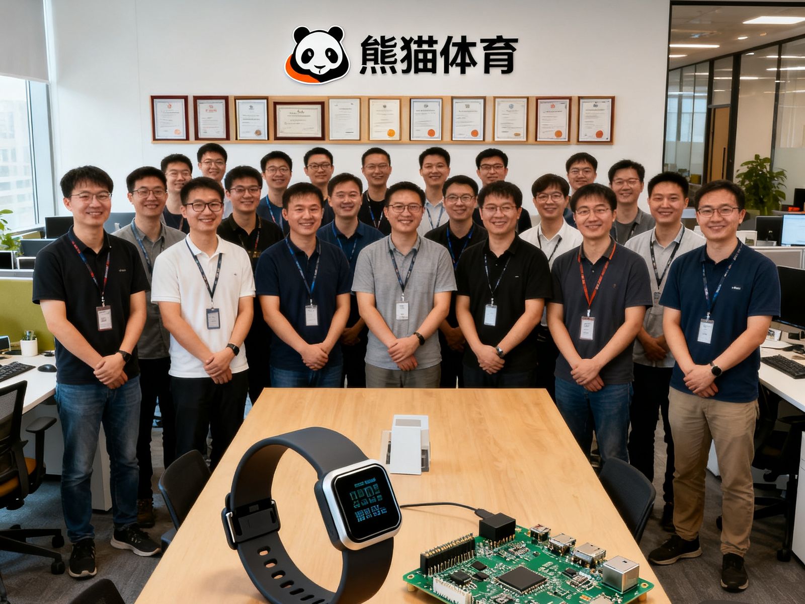 熊猫体育成都研发中心团队合影，约40名工程师在开放式办公区微笑站立，背景墙上挂着公司LOGO和专利证书展示墙，桌上摆放着智能腕带原型和电路板