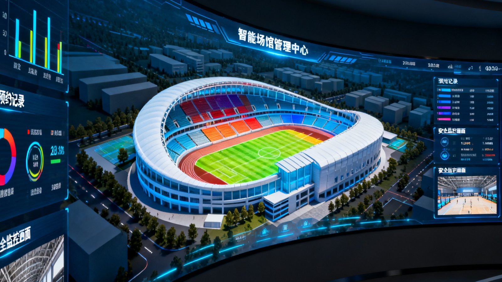 智能场馆管理中心的曲面大屏显示着场馆3D数字孪生模型，不同区域以颜色区分使用状态，屏幕边缘滚动显示实时能耗数据、预约记录和安全监控画面