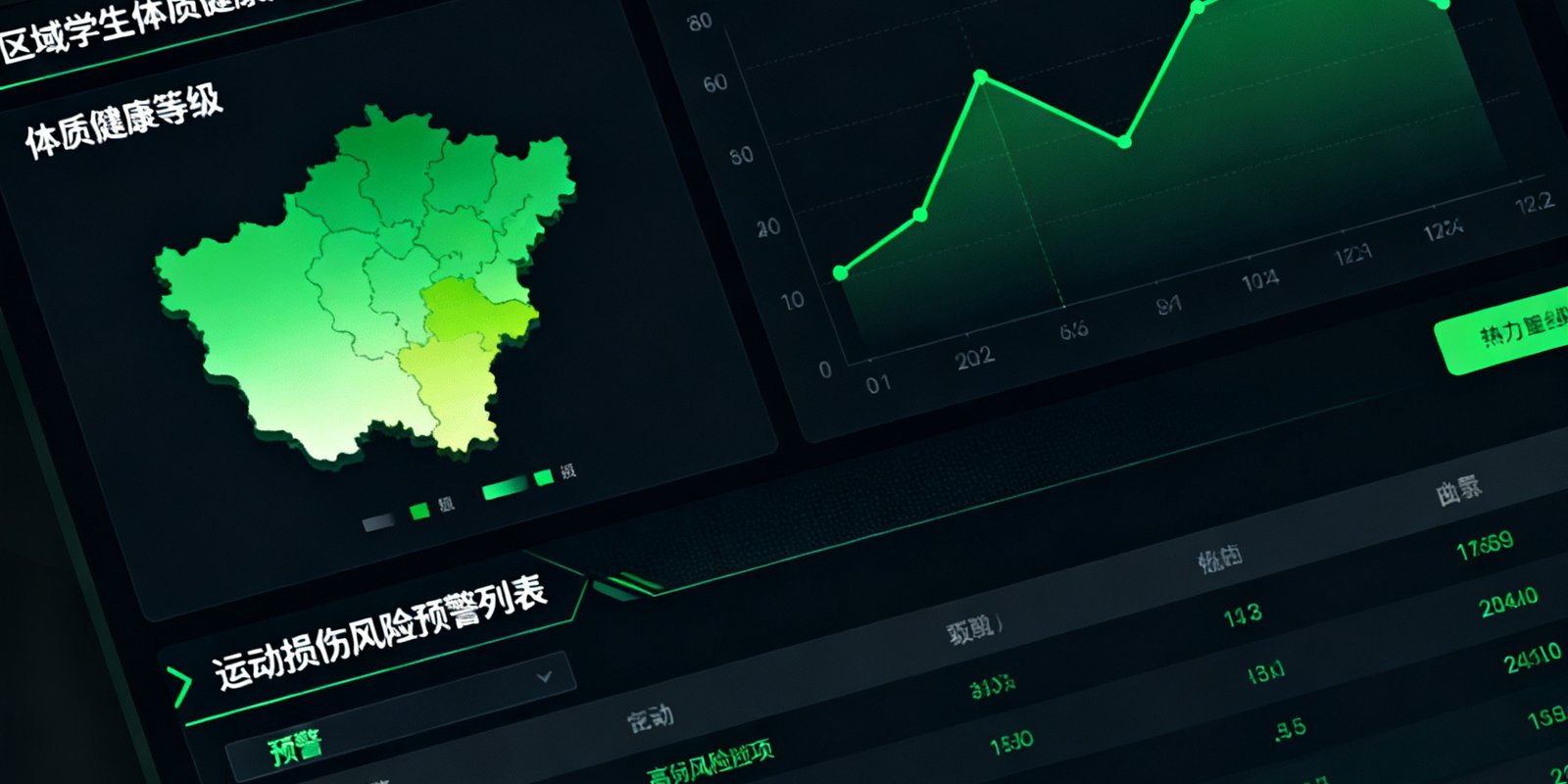 运动大数据分析平台的网页仪表盘，展示着区域学生体质健康热力地图、各年龄段体能达标率曲线、运动损伤风险预警列表，配色为深色主题配绿色数据高亮