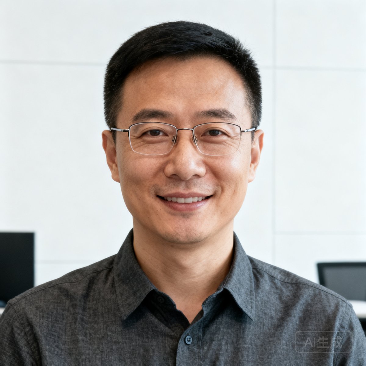 熊猫体育创始人兼CEO张毅的商务肖像照，38岁男性，戴着细框眼镜，穿着深灰色衬衫，背景是简约的白色办公室墙面，表情自信而亲和